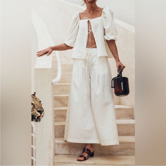 Cult Gaia Aurel white cotton linen tie front top - Picture 4 of 11